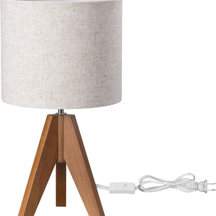 Tripod Table Lamp, Small Cute Bedside Lamp, 14.2 Inch, E26 Base | Light Brown Wooden Base, Linen Beige Lampshade, Nightstand Lamp for Nursery, Bedroom, Kid Room, Living Room