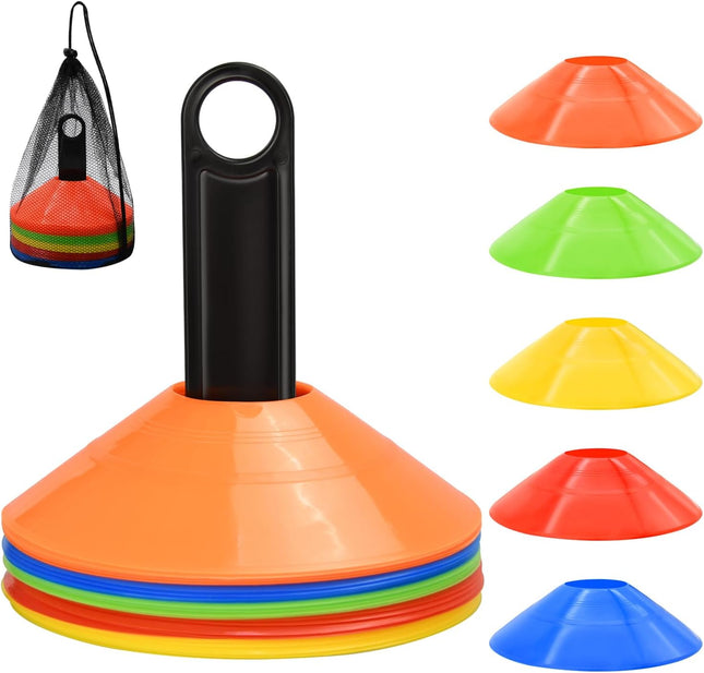 25/50/100Pcs Disc Cones, Agility Soccer Cones with Carry Bag and Holder, 5 Color | for Sports Training, Football, Soccer, Basketball, Coaching, Practice Equipment