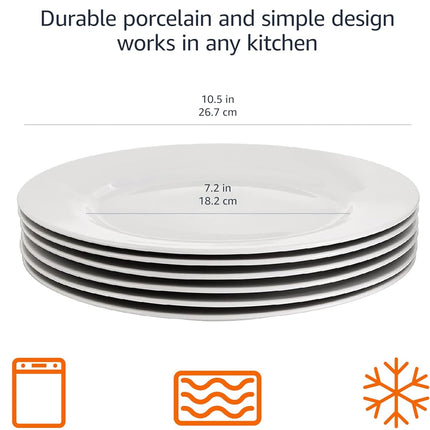 6-Piece White Dinner Plate Set, Microwave and Dishwasher Safe for Everyday Use, 10.5 Inches