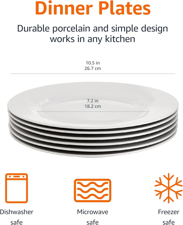 6-Piece White Dinner Plate Set, Microwave and Dishwasher Safe for Everyday Use, 10.5 Inches