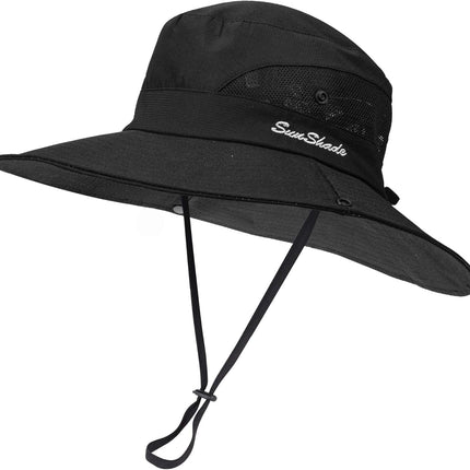 Women's UV-Protection Foldable Wide-Brim Sun Hat with Mesh and Ponytail Hole for Outdoor Activities