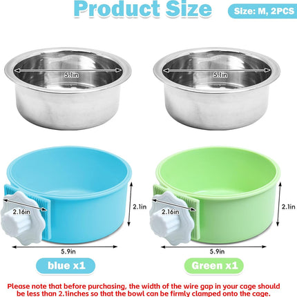 Crate Dog Bowl, Removable Stainless Steel Hanging Pet Kennel Cage Bowl Food & Water Feeder Coop Cup for Puppy, Cat, Rabbit, Guinea Pigs Ferret Bird (2 PCS, Size: M, Blue and Green)