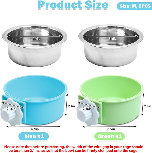 Crate Dog Bowl, Removable Stainless Steel Hanging Pet Kennel Cage Bowl Food & Water Feeder Coop Cup for Puppy, Cat, Rabbit, Guinea Pigs Ferret Bird (2 PCS, Size: M, Blue and Green)