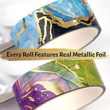 Gold Washi Tape Set - 24 Rolls Metallic Foil Marbling Washi Tape, Decorative Washi Tapes for Junk Journal Supplies, Bullet Journal Supplies, DIY Crafts, Scrapbooking, School Supplies