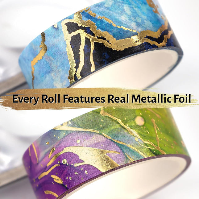 Gold Washi Tape Set - 24 Rolls Metallic Foil Marbling Washi Tape, Decorative Washi Tapes for Junk Journal Supplies, Bullet Journal Supplies, DIY Crafts, Scrapbooking, School Supplies