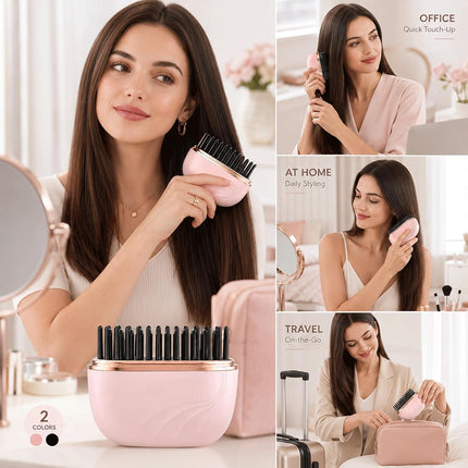 Mini Hair Straightener Brush Cordless Portable Travel Flat Iron Steam Small Heated Styling Comb Rechargeable Wireless Tool for Short & Long Bangs Roots and Edges Compact Blackpurse Size (Black)