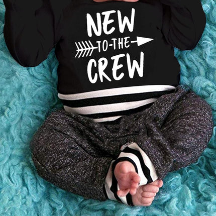 Newborn Baby Boy Clothes New to the Crew Letter Print Romper+ Pants+Hat 3PCS Outfit