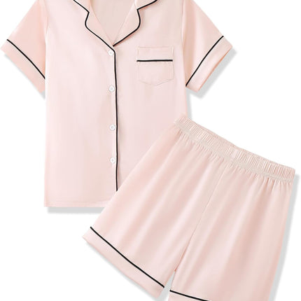 Girls Pajamas 2 Piece Summer Soft Silk Satin Short Sleeve Pajama Set Cute Pjs Sleepwear for Kids Size 6-16 Years