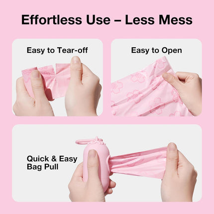 Dog Poop Bag Dispenser with Cherry Blossom Scented Poop Bags, Leak Proof and Extra Thick Pet Waste Bags, 1 Poop Bag Holder and 105 Bags for Dog Walking and Cats Litter, Pink
