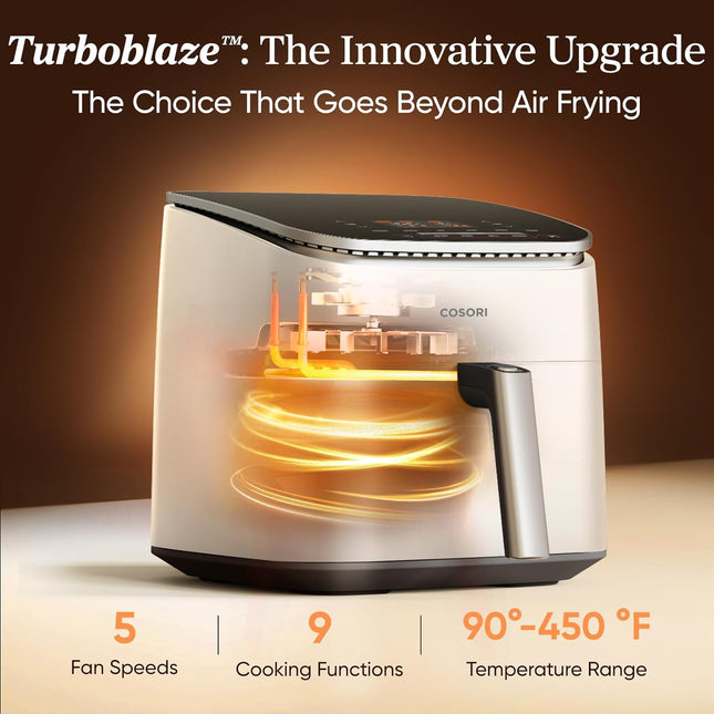9-In-1 Turboblaze Air Fryer 6 Qt, Smart Control, 90°–450°F, Shake Reminders, Precise Heating for Even Results, Air Fry, Roast, Bake, Broil, Dry, Frozen, Proof, Reheat, Keep Warm, 120V, Cream