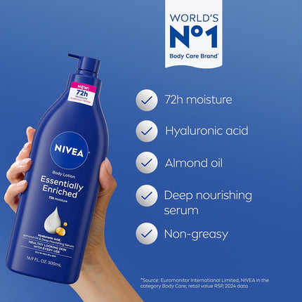 Essentially Enriched Body Lotion for Very Dry Skin with Hyaluronic Acid, Almond Oil and Deep Nourishing Serum, 72-Hour Body Moisturizer, 16.9 Fl Oz Pump Bottle, Pack of 2
