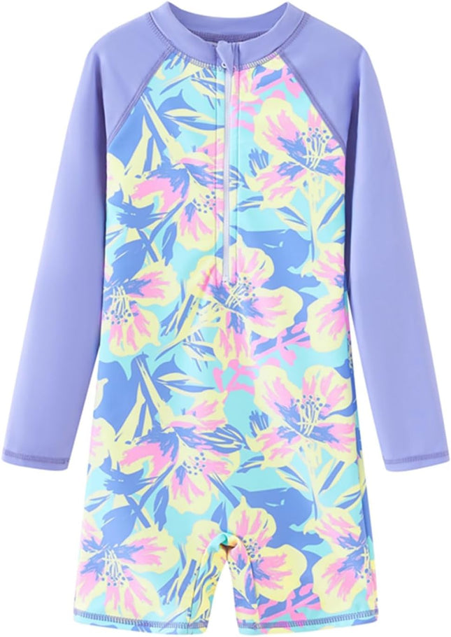 Girls Long Sleeve Rash Guard One Piece Swimsuits with UV Protection Sunsuit