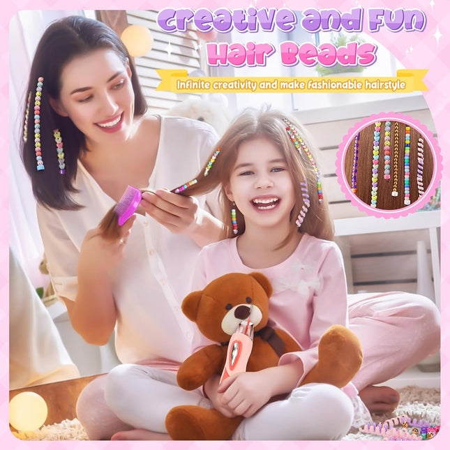 Hair Beads for Kids Girls, Gifts for 5 6 7 8 9 10 Year Old Girl, DIY Hair Accessories Kits with Reusable Beads, Hair Gem Stamper Kit for Kids Age 6-12 Creative Birthday Gifts Girls Toys Age 6-8