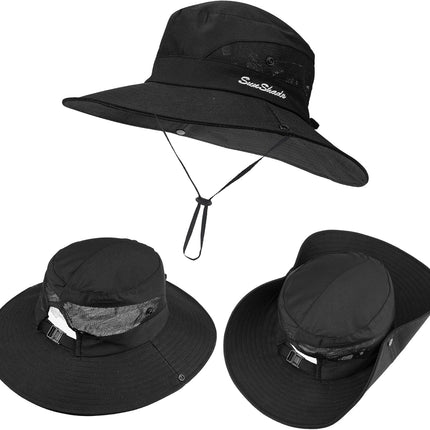 Women's UV-Protection Foldable Wide-Brim Sun Hat with Mesh and Ponytail Hole for Outdoor Activities