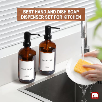 Amber Glass Soap Dispenser, 2 Pack Bathroom Hand Soap Dispensers with Stainless Steel Pump, 17 Fl Oz Kitchen Hand and Dish Soap Dispenser Set, Modern Vintage Liquid Brown Soap Dispensers Bottle