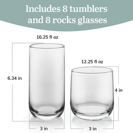 Ascent Tumbler and Rocks Drinking Glasses Set of 16, Glass Drinking Glasses with Curvature, Versatile Glassware Set for Parties and More
