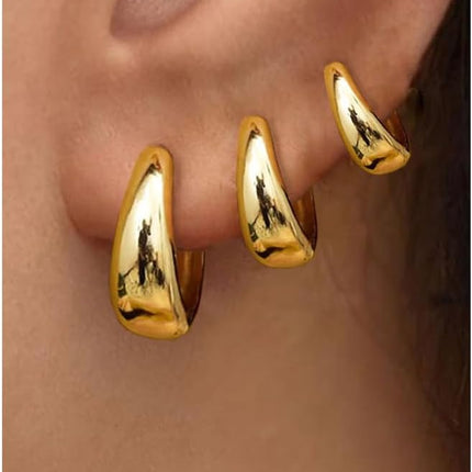 Gold Hoop Earrings Set for Women - 3 Pairs of Trendy Chunky Huggie and Dainty Jewelry for Teens