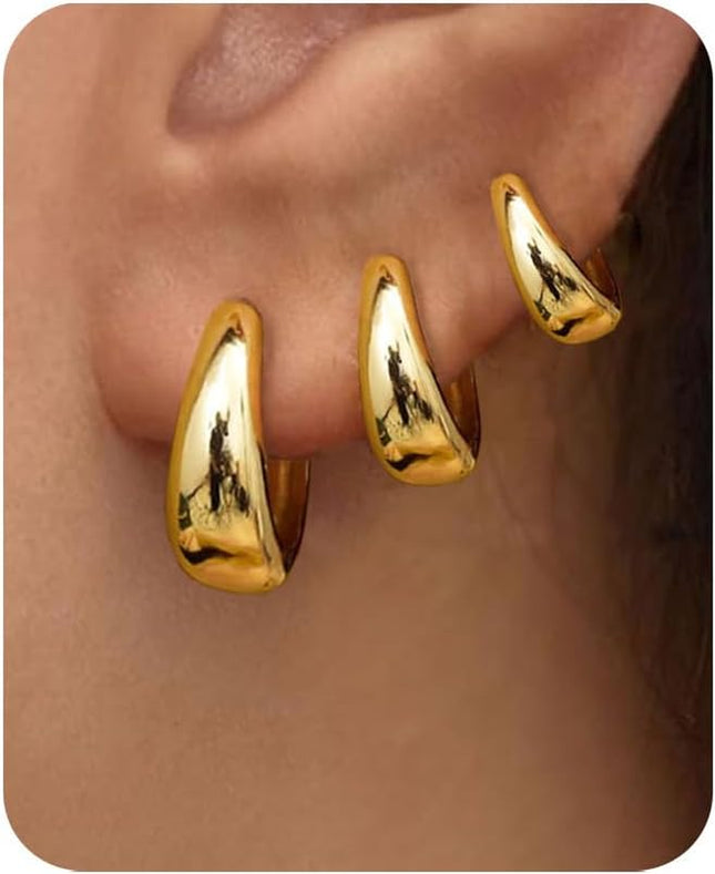 Gold Hoop Earrings Set for Women - 3 Pairs of Trendy Chunky Huggie and Dainty Jewelry for Teens