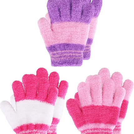 3 Pairs Winter Knit Gloves for Kids Stretchy Full Finger Fluffy Mittens for Toddler Boys Girls 1-11 Years