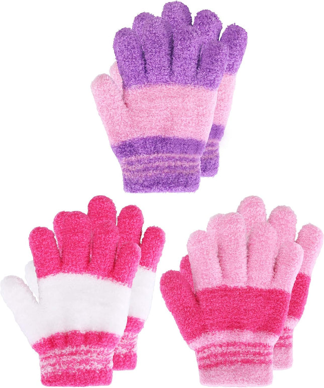 3 Pairs Winter Knit Gloves for Kids Stretchy Full Finger Fluffy Mittens for Toddler Boys Girls 1-11 Years