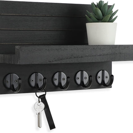Key Holder for Wall, Decorative Key and Mail Holder with Shelf Has Large Hooks for Bags, Coats, Umbrella – Paulownia Wood Key Hanger with Mounting Hardware (9.8”W X 6.7”H X 4.2”D)