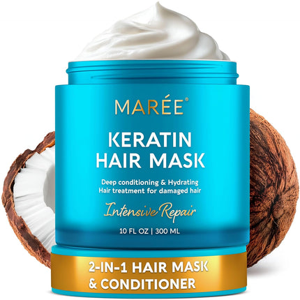 Deep Conditioning Hair Mask for Damaged Hair Treatment – Keratin Hair Care for Hydrating Growth Repair Moisturizing – Dry Curly Color Refreshing – 10 Fl Oz, White