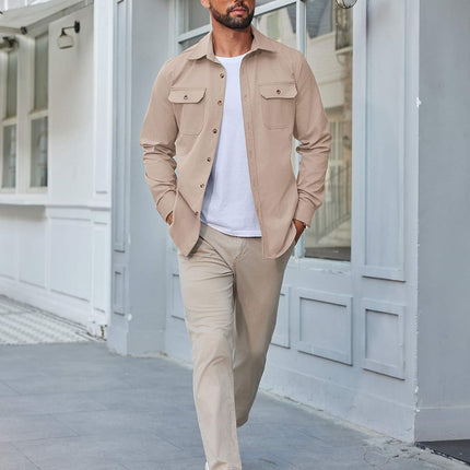Men'S Long Sleeve Button up Shirt Jacket with Flap Pockets