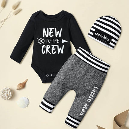 Newborn Baby Boy Clothes New to the Crew Letter Print Romper+ Pants+Hat 3PCS Outfit