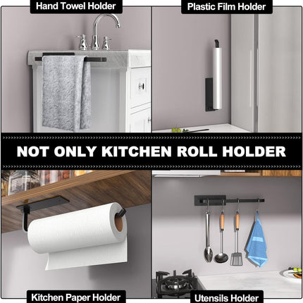 Paper Towel Holder - Self-Adhesive or Drilling, Matte Black, Upgraded Aluminum Kitchen Roll Dispenser under Cabinet, Lighter but Stronger than Stainless Steel!