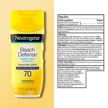Neutrogena Beach Defense Sunscreen Lotion SPF 70 Broad Spectrum UVA UVB Protection Lightweight Water Resistant up to 80 Minutes Oil-Free Beach-Strength Sun Protection for Whole Family, 6.7 Fl Oz