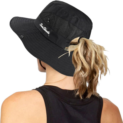 Women's UV-Protection Foldable Wide-Brim Sun Hat with Mesh and Ponytail Hole for Outdoor Activities