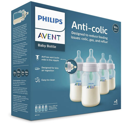 Anti-Colic Baby Bottle with Airfree Vent, Medium Flow 2 Nipple, 1M+, 9Oz, 4 Pack, Clear, SCY703/04