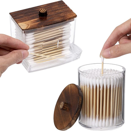 3 Pack Qtips Holder Bathroom Container, 10 Oz Cotton Ball/Swabs Dispenser, Apothecary Jar Organizer for Storage Brown Wood Lids