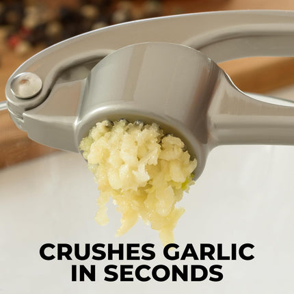 Premium Garlic Press Set - Rust Proof Professional Garlic Mincer Tool - Easy-Squeeze, Easy-Clean with Soft, Ergonomic Handle - Silicone Garlic Peeler & Brush (Silver)