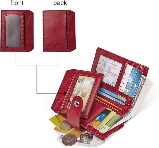 Women Leather Wallet RFID Blocking Bifold Zipper Pocket Wallet Card Case Purse with ID Window