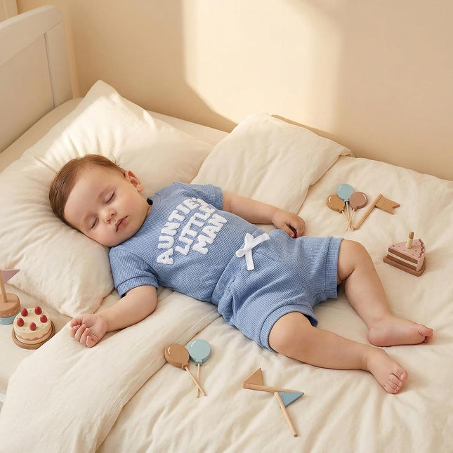 Aunties Little Homie Baby Clothes Newborn Boy Short Sleeve Letter Romper and Waffle Shorts Sets 2Pcs Summer Outfit