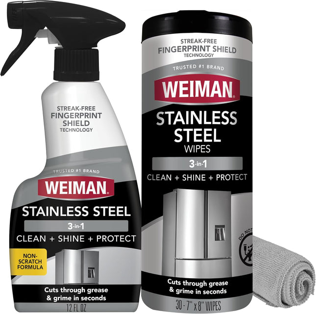 Stainless Steel Cleaner & Polish Kit, 3 Piece - Spray, Wipes & Cloth, Anti-Fingerprint, Removes Grease, Water Spots, Streaks & Residue, Polishing Cleaner Safe for Appliances, Sinks & Grills