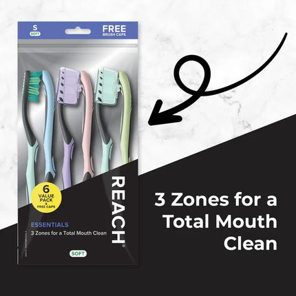 Essentials Toothbrush with Toothbrush Caps, Multi-Zoned Angled Soft Bristles, Contoured Handle, Tongue Scraper, 6 Count