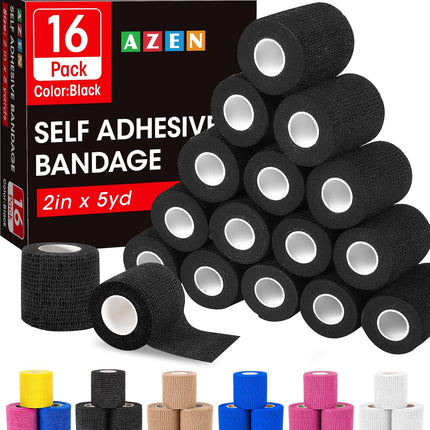 16 Pack Self Adhesive Bandage Wrap Black, 2" X 5 Yards Black Athletic Tape, Vet Wrap, Tattoo Grip Tape Wrap，Ankle Tape, Cohesive Bandage Wrap