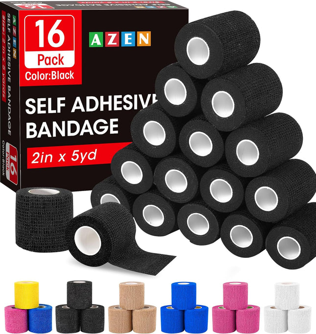 16 Pack Self Adhesive Bandage Wrap Black, 2" X 5 Yards Black Athletic Tape, Vet Wrap, Tattoo Grip Tape Wrap，Ankle Tape, Cohesive Bandage Wrap