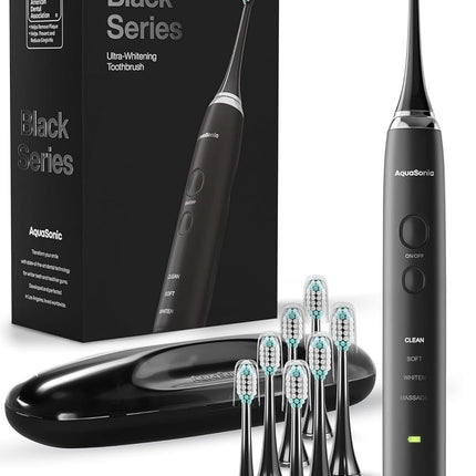 Black Series Ultra Whitening Toothbrush – ADA Accepted Electric Toothbrush- 8 Brush Heads & Travel Case – 40,000 VPM Electric Motor & Wireless Charging - 4 Modes W Smart Timer