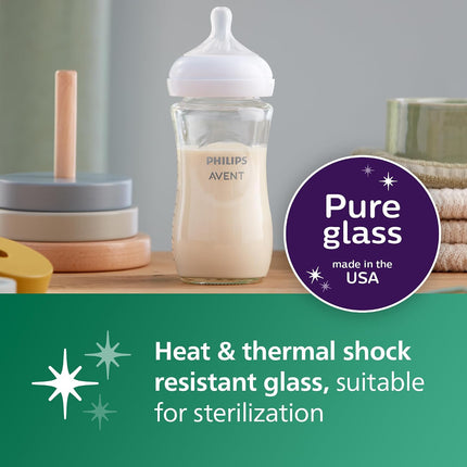 Natural Glass Baby Bottle with Natural Response Nipple (Medium Flow, Flow 3), 8Oz, SCY913/01
