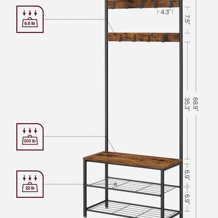 VASAGLE Coat Rack, Hall Tree with Shoe Storage Bench, Entryway Bench with Shoe Storage, 3-In-1, Steel Frame, for Entryway, 12.6 X 27.6 X 68.9 Inches, Industrial, Rustic Brown and Black UHSR41BX