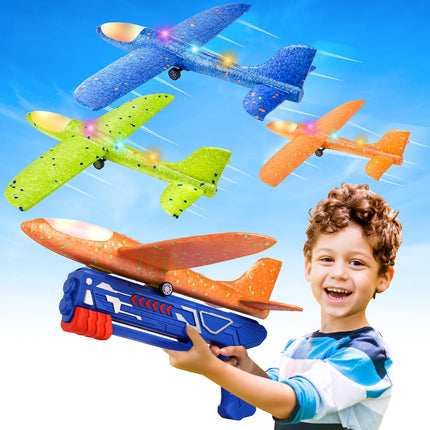 3 Pack Airplane Launcher Toys, 13.2'' LED Foam Glider Plane Toy for Boys, 2 Flight Modes Outdoor Flying Toys Birthday Gifts for Boys Girls 4 5 6 7 8 9 10 11 12 Year Old (Blue&Green&Orange)