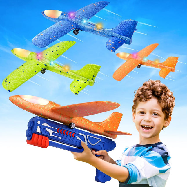 3 Pack Airplane Launcher Toys, 13.2'' LED Foam Glider Plane Toy for Boys, 2 Flight Modes Outdoor Flying Toys Birthday Gifts for Boys Girls 4 5 6 7 8 9 10 11 12 Year Old (Blue&Green&Orange)