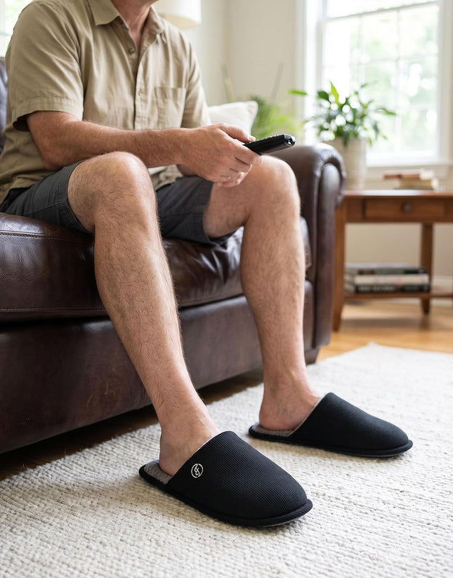 Men'S Cotton Knit Slippers Lightweight Memory Foam Indoor Breathable House Shoes with Anti-Skid Sole