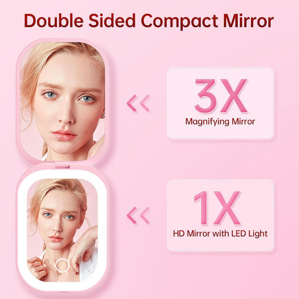 Ultra Slim Pocket Mirror with Light, 1X/3X Compact Travel Mirror,Light Pink
