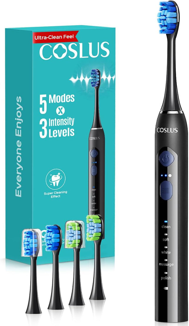 C30 Electric Toothbrush for Adults, Effective yet Gentle Ultra-Clean | 3 Intensities & 5 Modes, 2 Types Soft or Medium Firm Heads, Daily Care, Compact for Travel Home Family Use, 1PC, Black