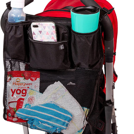 Cups 'N Cargo Universal Stroller Caddy Organizer - Essential Travel Accessories for Baby Stroller, Includes Cup Holders & Mesh Storage Bag, Fits Uppababy, Doona, Nuna, & More - Black