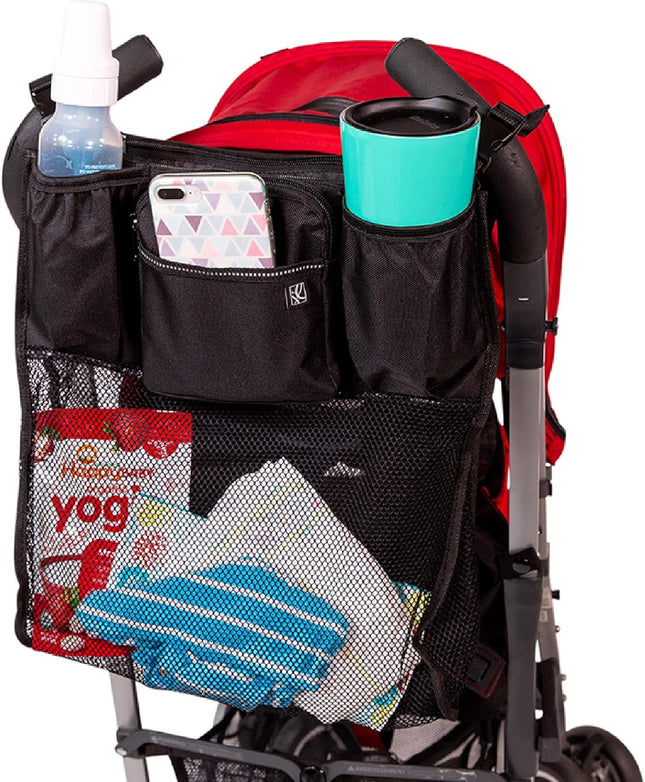 Cups 'N Cargo Universal Stroller Caddy Organizer - Essential Travel Accessories for Baby Stroller, Includes Cup Holders & Mesh Storage Bag, Fits Uppababy, Doona, Nuna, & More - Black